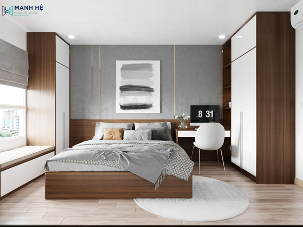 Bức tường trống trở thành tác phẩm nghệ thuật nhờ cách sắp xếp tranh và kệ gỗ khéo léo
