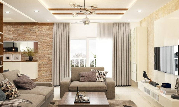 Không gian phòng khách hiện đại với tông màu trung tính và nội thất gọn gàng